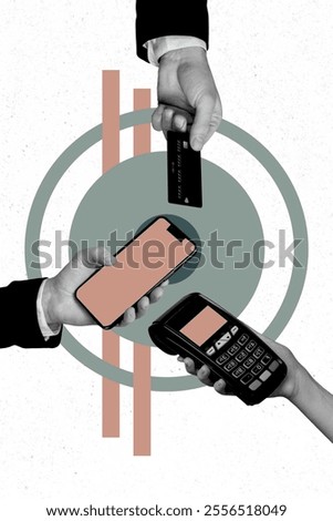 Vertical creative art collage of hands hold credit card pos terminal order ecard phone cashless payment isolated on painting background