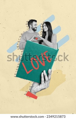 Vertical creative artwork composite 3d photo collage of happy nice couple read book about love story isolated on drawing background