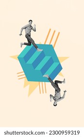 Vertical creative collage composition of two competitive guys running upstairs ladder improvement isolated on beige color background
