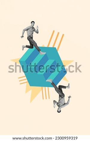 Vertical creative collage composition of two competitive guys running upstairs ladder improvement isolated on beige color background