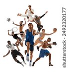 Vertical creative collage. Dynamic image of men and women, athletes of different sport in motion showing skills and determination isolated on white background. Sport, competition, tournament concept