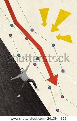 Vertical creative collage of falling man down arrow recession statistics business data weird freak bizarre unusual fantasy billboard comics