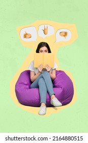 Vertical Creative Collage Illustration Of Puzzled Person Sitting Bag Read Book Cover Face Think Feedback