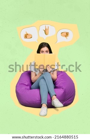 Vertical creative collage illustration of puzzled person sitting bag read book cover face think feedback Foto stock © 