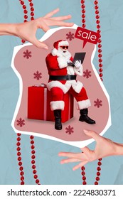Vertical creative collage image of big arms funny santa claus impressed costume holding netbook online order huge sales shopping presents