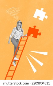 Vertical creative collage image of confident employee businesswoman lifting career ladder hold puzzle piece match fitting solving problem - Shutterstock ID 2203904311