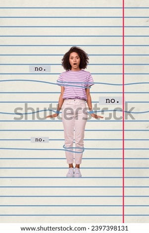 Vertical creative collage image of confused frightened female tied copybook lines page notebook bizarre unusual fantasy billboard comics