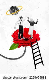 Vertical creative collage image of dancing energetic cheerful grandparents dating red gerbera moonlight climb ladder retro vintage culture - Shutterstock ID 2258623891