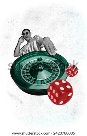 Vertical creative collage image of energetic funny dj casino player spin roulette listen enjoy music ffantasy billboard comics zine minimal