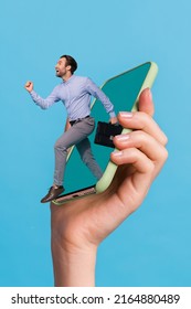 Vertical Creative Collage Image Of Excited Person Jump Running Big Telephone Screen Isolated On Blue Background