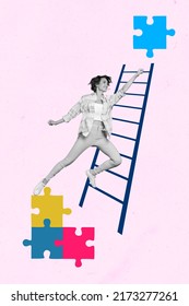 Vertical Creative Collage Image Of Excited Positive Person Black White Gamma Climb Ladder Reach Puzzle Piece Isolated On Drawing Background