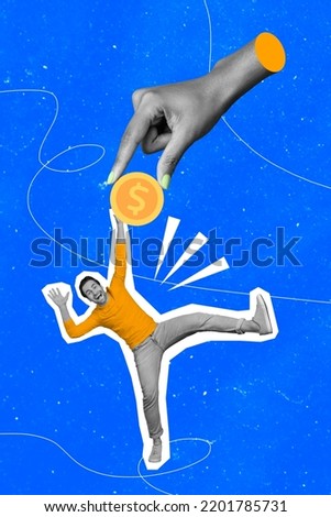 Vertical creative collage image of excited happy man giving getting big golden coin dollar sign hand salary payment buyer costumer retail
