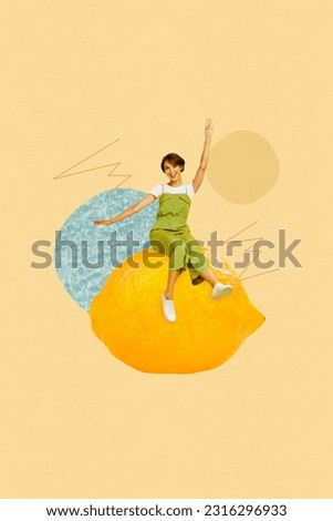 Vertical creative collage image of excited young positive cute female have fun sitting lemon citrus fresh fruit summer vibe vacation water
