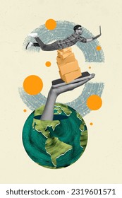 Vertical creative collage image of funny young male making order online hand hold boxes laptop netbook planet earth fast delivery