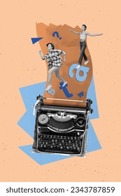 Vertical creative collage image of funny young female girl typewriter page alphabet letters typing texting running bloggers reading write