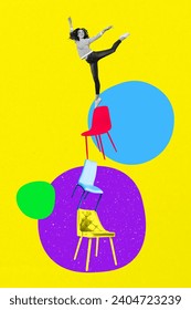 Vertical creative collage image of funny female stand keep balance pile chairs surrealism metaphor psychedelic unusual fantasy