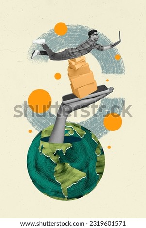 Vertical creative collage image of funny young male making order online hand hold boxes laptop netbook planet earth fast delivery