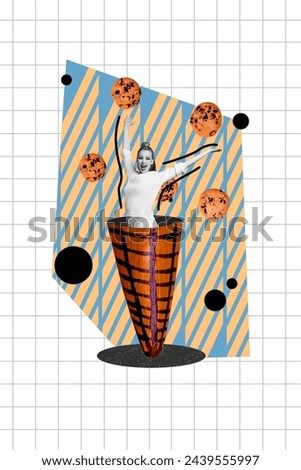 Vertical creative collage image of funny excited female have fun cookies sweet tasty food shopping baking bizarre unusual fantasy billboard
