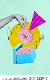 Vertical creative collage image human hand put hold pink big doughnut food box doodle sketch draw doodle colorful background