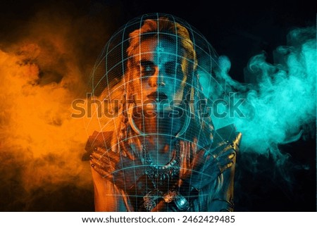 Vertical creative collage image mysterious dangerous valkyrie faceart woman pray scan face beauty device skin analyzing