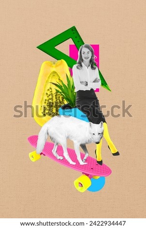 Vertical creative collage image of office entrepreneur female wolf animal skater papaya weird freak bizarre unusual fantasy billboard