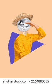 Vertical creative collage image of person glowing disco ball instead head look interested far away - Shutterstock ID 2164880535