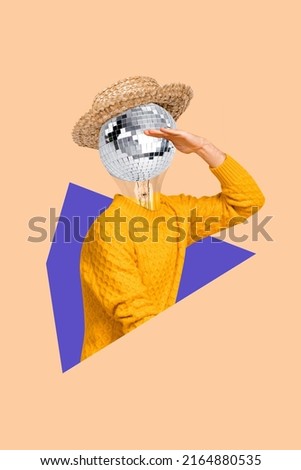 Vertical creative collage image of person glowing disco ball instead head look interested far away