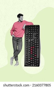 Vertical Creative Collage Image Of Positive Person Lean Look Huge Keyboard Black White Filter