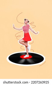 Vertical creative collage image of positive young attractive student woman mini skirt dancing retro vintage vinyl record weekend holiday