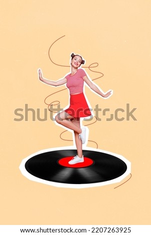 Vertical creative collage image of positive young attractive student woman mini skirt dancing retro vintage vinyl record weekend holiday