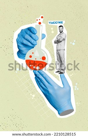 Vertical creative collage image of positive doctor hands sterile gloves holding glass laboratory flask invent vaccine disease prevention