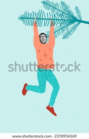Vertical creative collage image of positive funky man hanging tree branch forest park have fun playful christmas new year x-mas advert