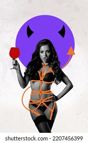 Vertical Creative Collage Image Of Sexy Hot Vampire Beautiful Woman Hold Blood Glass Underwear Bdsm Costume Sharp Devil Demon Horns Fangs