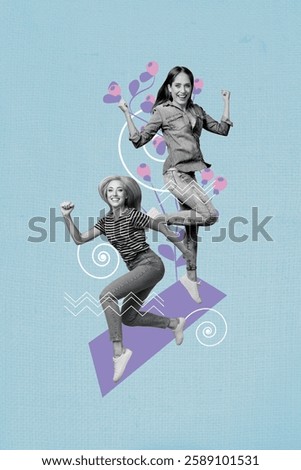 Vertical creative collage image of two funny girls energetic friends flowers international woman day postcard billboard comics zine minimal