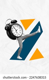 Vertical creative collage image of young active woman walking going clock instead body hurry speed freelancer working deadline drawing