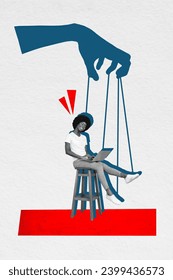Vertical creative collage image of young female worker hand hold control manipulate puppet freak bizarre unusual fantasy billboard