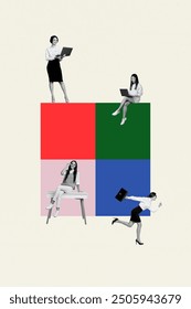 Vertical creative collage image young women business routine task project management teamwork coworking remote job career promotion