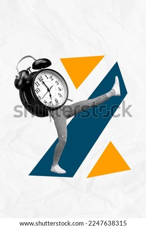 Vertical creative collage image of young active woman walking going clock instead body hurry speed freelancer working deadline drawing