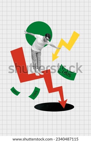 Vertical creative collage image of young man guy falling down arrow point down dollar usd banknotes economist bankrupt debt