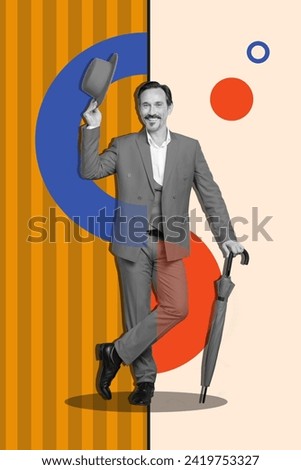 Vertical creative collage mature standing gentleman umbrella oldschool suit costume vintage style entrepreneur rich outfit