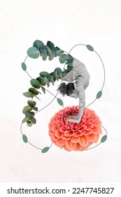 Vertical creative collage photo of good mood girl flower instead of legs hands standing on flower isolated on white color background