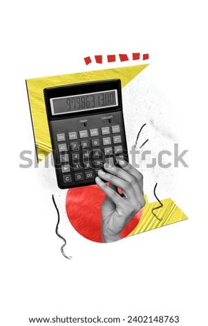 Vertical creative collage picture black white arm holding calculator economic accounting commerce audit financial economist education
