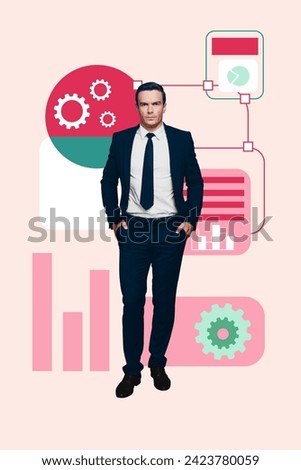 Vertical creative collage picture illustration serious bossy old man suit stand interface draw cog wheel mechanism exclusive pink background