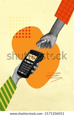 Vertical creative collage picture of two human hands black white gamma hold pos terminal demonstrate fig gesture isolated on drawing background