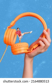 Vertical Creative Collage Portrait Of Big Arm Hold Headphones Positive Person Dancing Have Fun Isolated On Drawing Blue Background