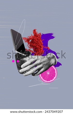 Vertical creative collage poster human body fragment arm hold cup smartphone device digital gadget absurd concept red plant flora