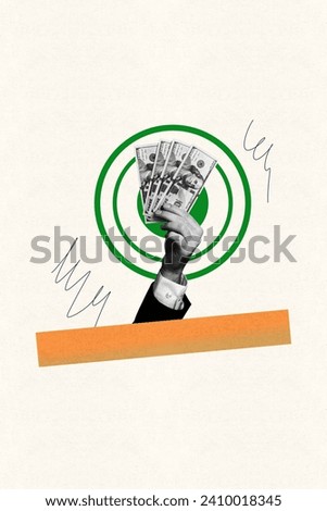 Vertical creative collage poster retro businessman arm holding dollar banknotes cash success progress strategy earnings get profit income
