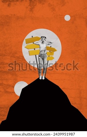 Vertical creative collage poster standing young girl stupor scared reaction lost way roadsign post top rock cliff indicator find route