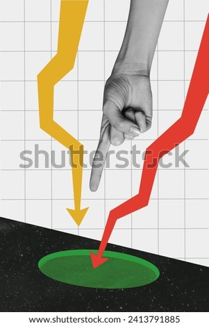Vertical creative collage poster two arrows go down decrease income profit recession fail reduction money loss arm pointing