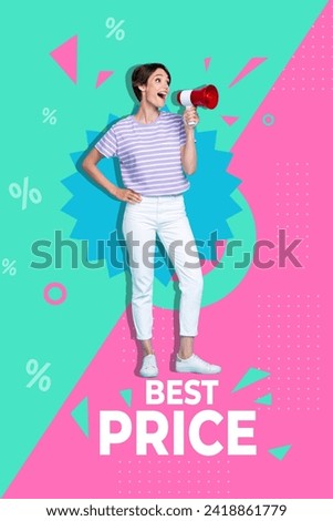 Vertical creative collage poster young standing woman announce loudspeaker best price retail sale season discounts brochure